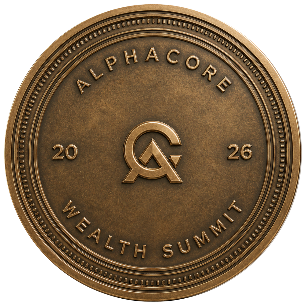 A round bronze-colored commemorative coin or medallion with raised text reading 'ALPHACORE WEALTH SUMMIT' and '20 26'. The center features a stylized interlocking 'A' logo.