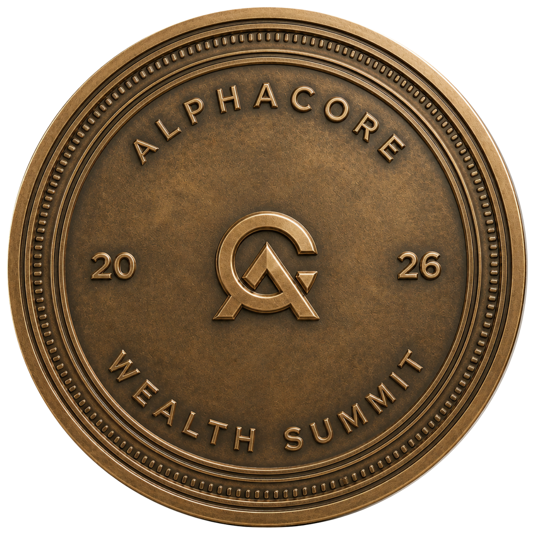 A round bronze-colored commemorative coin or medallion with raised text reading 'ALPHACORE WEALTH SUMMIT' and '20 26'. The center features a stylized interlocking 'A' logo.