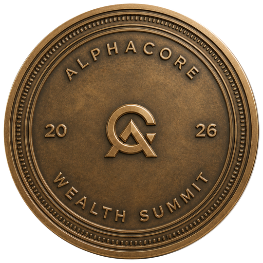 A round bronze-colored commemorative coin or medallion with raised text reading 'ALPHACORE WEALTH SUMMIT' and '20 26'. The center features a stylized interlocking 'A' logo.