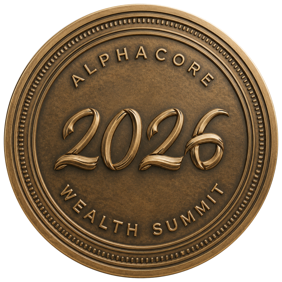 A circular bronze-toned medallion or coin-like emblem with raised text reading “ALPHACORE 2026 WEALTH SUMMIT” on a plain white background.
