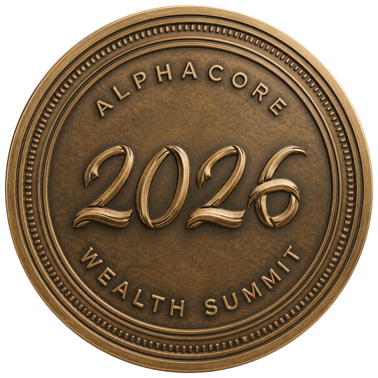 A circular bronze-toned medallion or coin-like emblem with raised text reading “ALPHACORE 2026 WEALTH SUMMIT” on a plain white background.