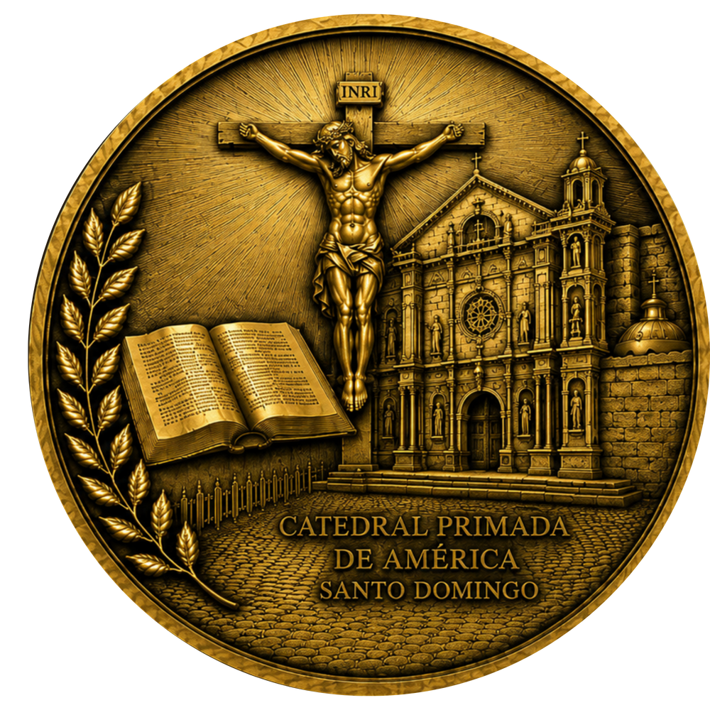 A circular gold-toned religious medallion featuring a crucified figure at the center, an open Bible on the left, a cathedral facade on the right, and the text 'INRI' and 'CATEDRAL PRIMADA DE AMERICA SANTO DOMINGO' on a plain white background.