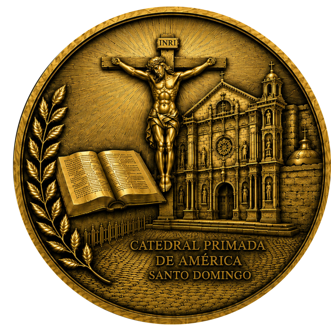 A circular gold-toned religious medallion featuring a crucified figure at the center, an open Bible on the left, a cathedral facade on the right, and the text 'INRI' and 'CATEDRAL PRIMADA DE AMERICA SANTO DOMINGO' on a plain white background.