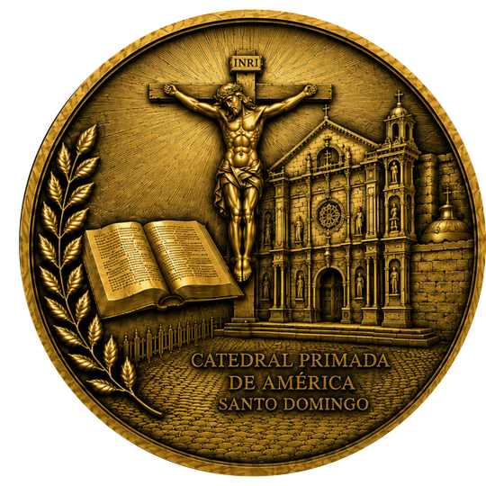 A circular gold-toned religious medallion featuring a crucified figure at the center, an open Bible on the left, a cathedral facade on the right, and the text 'INRI' and 'CATEDRAL PRIMADA DE AMERICA SANTO DOMINGO' on a plain white background.
