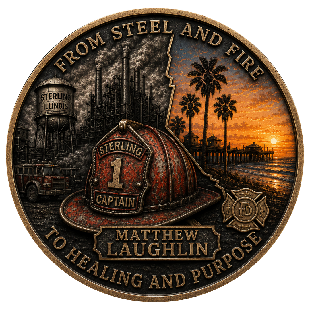 A circular commemorative coin or medallion with a bronze-toned border and raised text reading “FROM STEEL AND FIRE” at the top and “TO HEALING AND PURPOSE” at the bottom. The center shows a red firefighter helmet with “STERLING CAPTAIN 1” and “MATTHEW LAUGHLIN,” alongside industrial smokestacks, a water tower labeled “STERLING ILLINOIS,” a fire truck, palm trees, a pier, and a sunset over water.