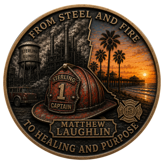 A circular commemorative coin or medallion with a bronze-toned border and raised text reading “FROM STEEL AND FIRE” at the top and “TO HEALING AND PURPOSE” at the bottom. The center shows a red firefighter helmet with “STERLING CAPTAIN 1” and “MATTHEW LAUGHLIN,” alongside industrial smokestacks, a water tower labeled “STERLING ILLINOIS,” a fire truck, palm trees, a pier, and a sunset over water.