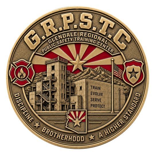 A circular bronze-toned challenge coin or medallion for the G.R.