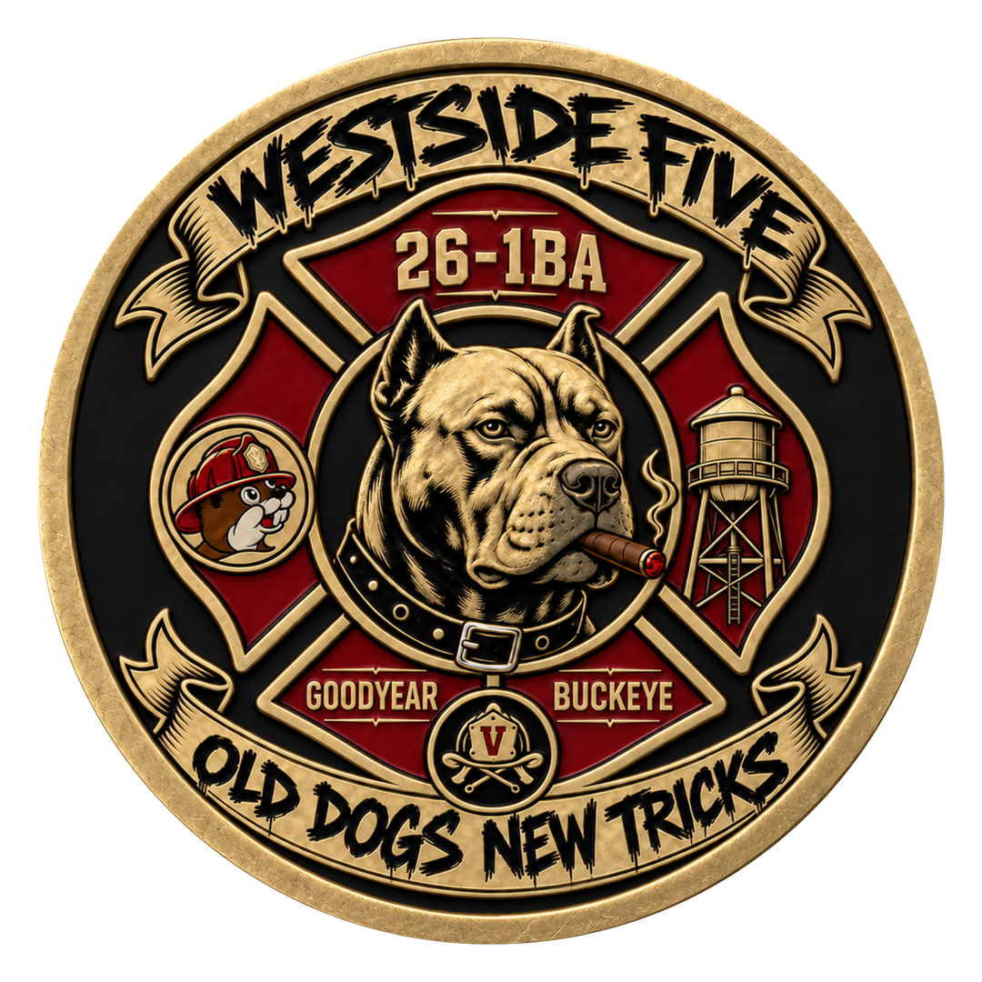 A circular gold-toned medallion or patch design with a black and red fire department theme. The center shows a bulldog wearing a firefighter collar and smoking a cigar, with a fire department cross, water tower, and cartoon dog in a helmet.