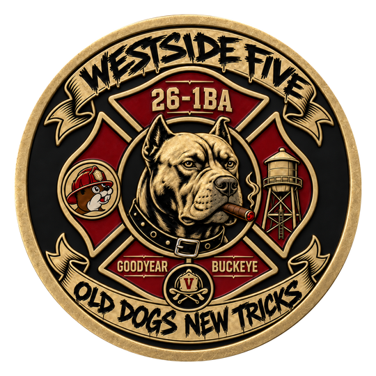 A circular gold-toned medallion or patch design with a black and red fire department theme. The center shows a bulldog wearing a firefighter collar and smoking a cigar, with a fire department cross, water tower, and cartoon dog in a helmet.