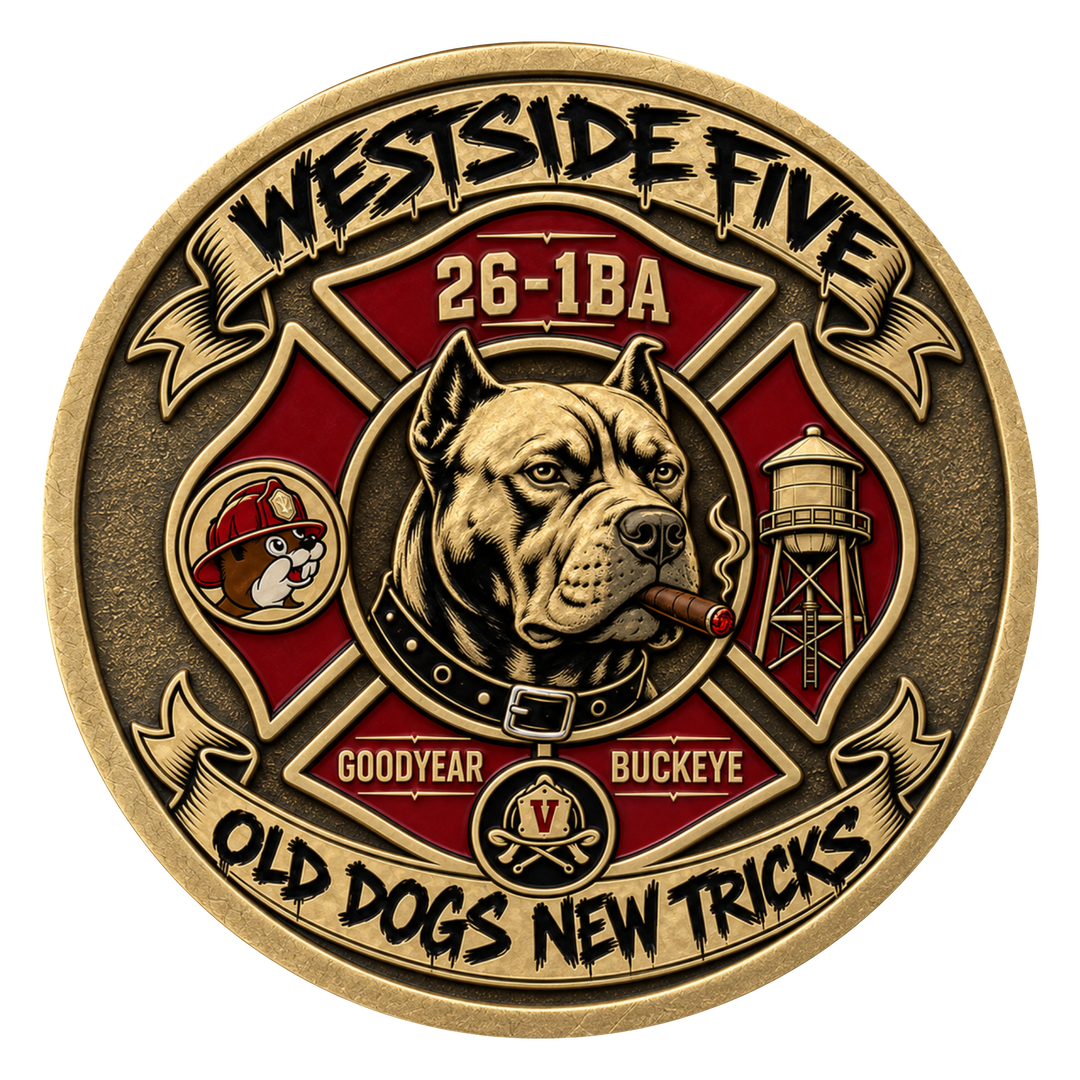 A circular bronze and red commemorative medallion or coin featuring a bulldog portrait, the text 'WESTSIDE FIVE' at the top, '26-1BA' near the center, 'OLD DOGS NEW TRICKS' along the bottom, and small decorative elements including a firefighter helmet, water tower, and banners.