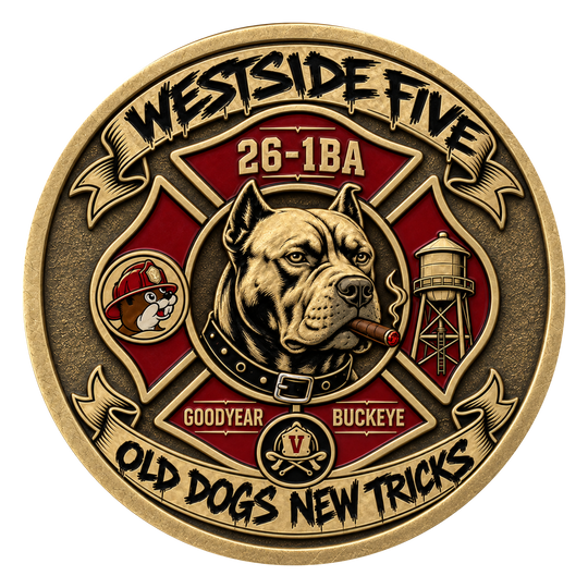 A circular bronze and red commemorative medallion or coin featuring a bulldog portrait, the text 'WESTSIDE FIVE' at the top, '26-1BA' near the center, 'OLD DOGS NEW TRICKS' along the bottom, and small decorative elements including a firefighter helmet, water tower, and banners.