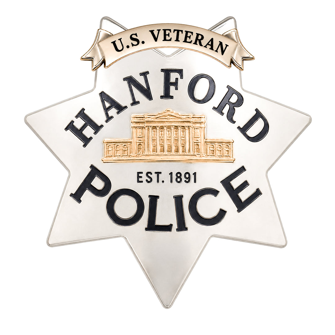 A six-pointed star-shaped metal badge featuring 'HANFORD POLICE' in black lettering, 'U.S.
