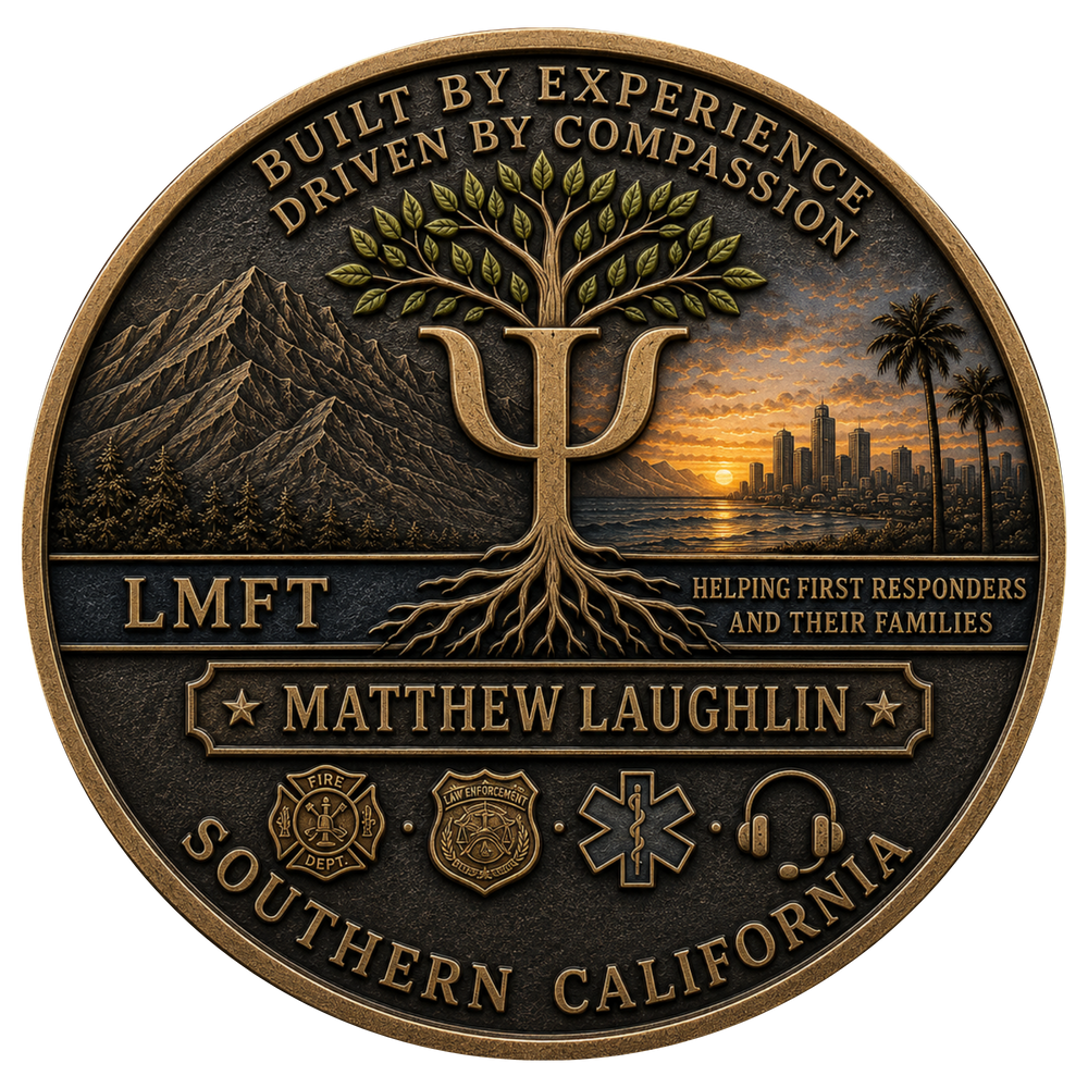 A round bronze commemorative coin or medallion featuring a tree of life with a large Psi symbol, mountains, a sunset over a coastal city, and service-style badges. Text reads 'BUILT BY EXPERIENCE DRIVEN BY COMPASSION,' 'LMFT,' 'MATTHEW LAUGHLIN,' 'SOUTHERN CALIFORNIA,' and 'HELPING FIRST RESPONDERS AND THEIR FAMILIES.