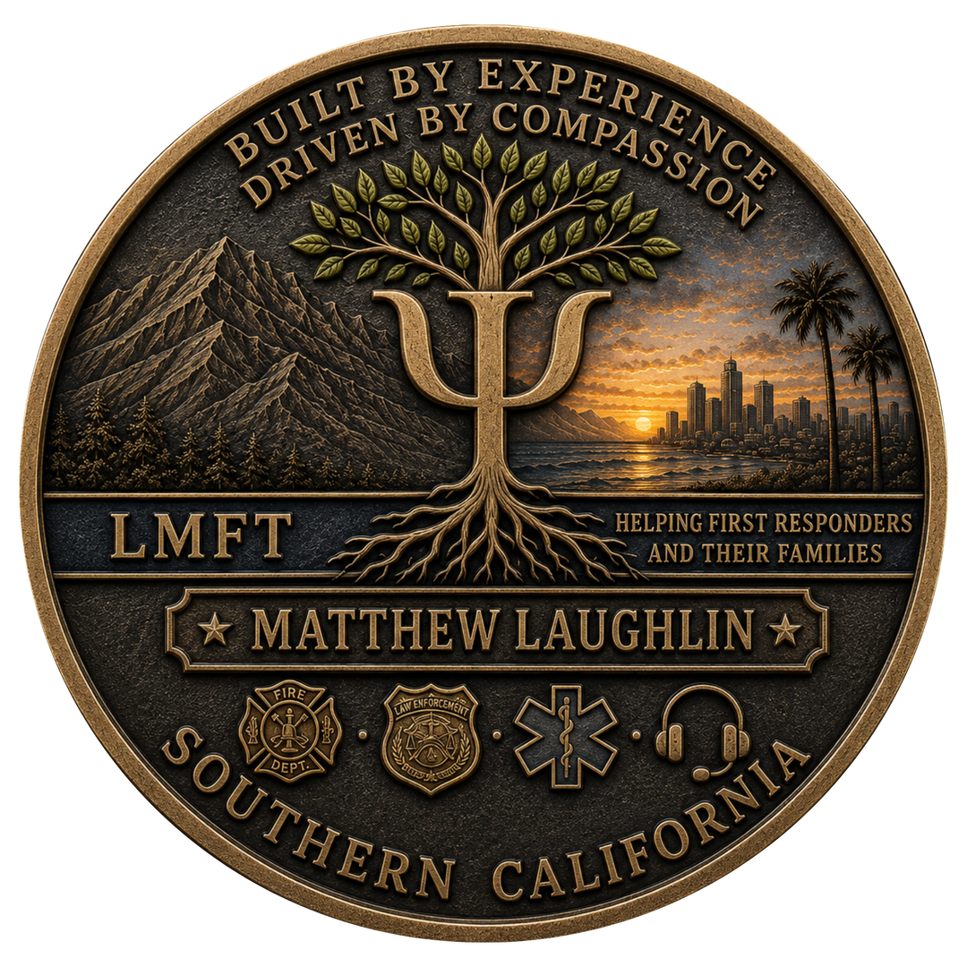 A round bronze commemorative coin or medallion featuring a tree of life with a large Psi symbol, mountains, a sunset over a coastal city, and service-style badges. Text reads 'BUILT BY EXPERIENCE DRIVEN BY COMPASSION,' 'LMFT,' 'MATTHEW LAUGHLIN,' 'SOUTHERN CALIFORNIA,' and 'HELPING FIRST RESPONDERS AND THEIR FAMILIES.