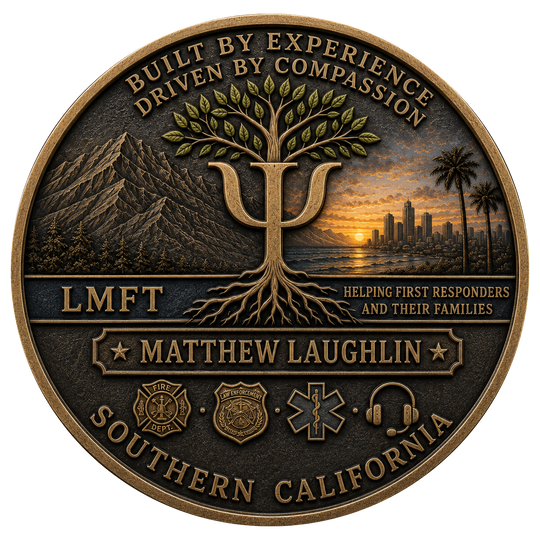A round bronze commemorative coin or medallion featuring a tree of life with a large Psi symbol, mountains, a sunset over a coastal city, and service-style badges. Text reads 'BUILT BY EXPERIENCE DRIVEN BY COMPASSION,' 'LMFT,' 'MATTHEW LAUGHLIN,' 'SOUTHERN CALIFORNIA,' and 'HELPING FIRST RESPONDERS AND THEIR FAMILIES.