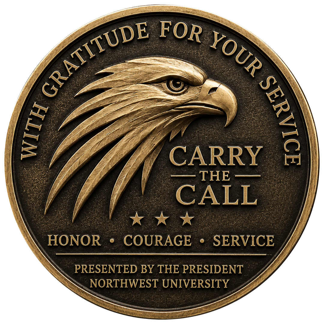 A round bronze military-style challenge coin featuring a detailed eagle head profile, with the text 'WITH GRATITUDE FOR YOUR SERVICE' around the border, 'CARRY THE CALL' in the center, and 'HONOR • COURAGE • SERVICE' along with 'PRESENTED BY THE PRESIDENT NORTHWEST UNIVERSITY' at the bottom.