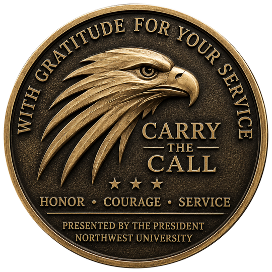 A round bronze military-style challenge coin featuring a detailed eagle head profile, with the text 'WITH GRATITUDE FOR YOUR SERVICE' around the border, 'CARRY THE CALL' in the center, and 'HONOR • COURAGE • SERVICE' along with 'PRESENTED BY THE PRESIDENT NORTHWEST UNIVERSITY' at the bottom.