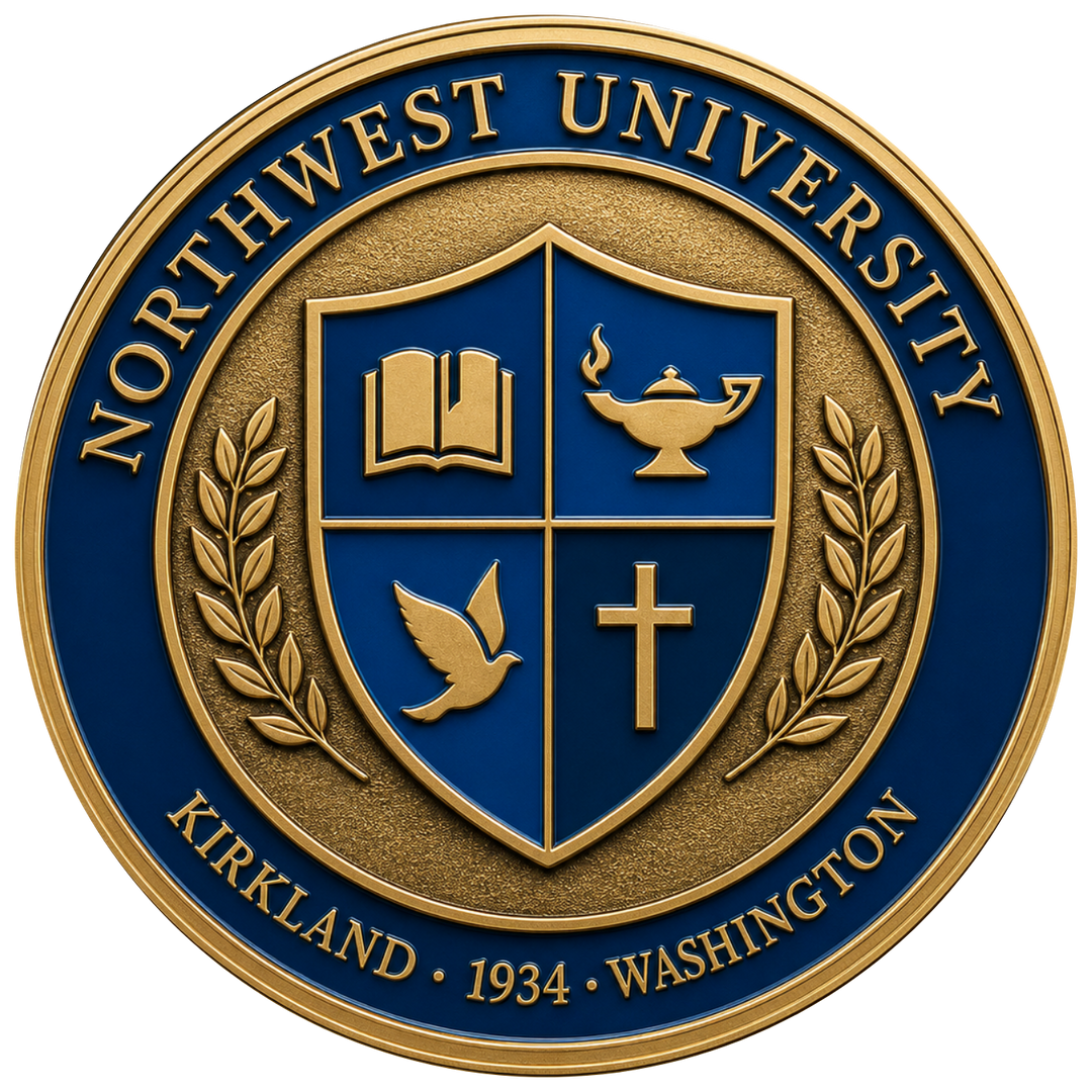 A circular Northwest University seal with a gold and blue design, featuring a central shield with an open book, lamp, dove, and cross, surrounded by laurel branches and the text 'NORTHWEST UNIVERSITY' and 'KIRKLAND • 1934 • WASHINGTON'.