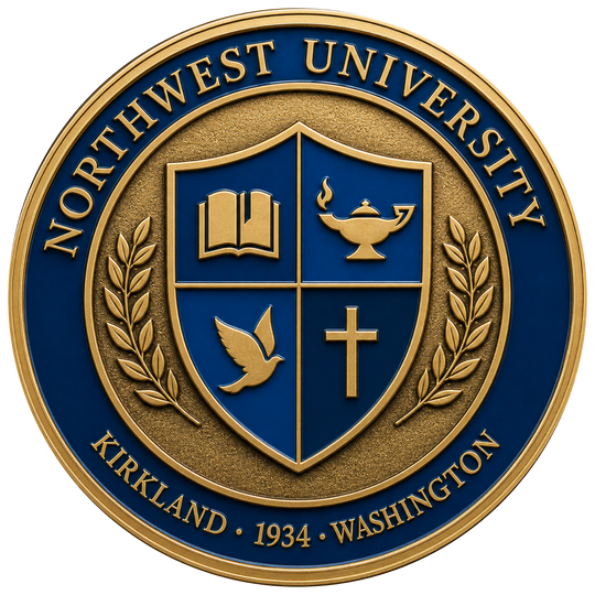 A circular Northwest University seal with a gold and blue design, featuring a central shield with an open book, lamp, dove, and cross, surrounded by laurel branches and the text 'NORTHWEST UNIVERSITY' and 'KIRKLAND • 1934 • WASHINGTON'.
