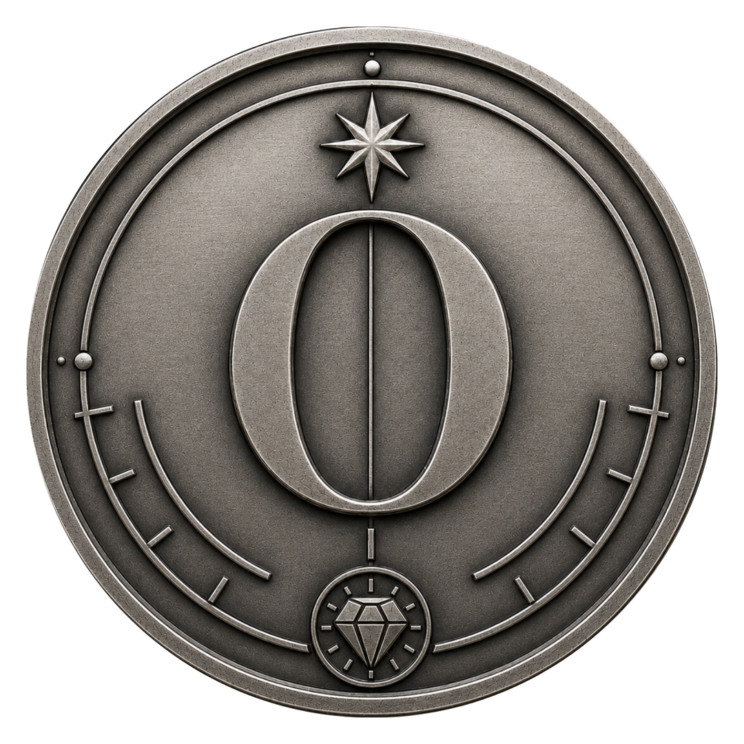 A circular metallic emblem or coin featuring a large central numeral zero, a star above it, curved line details, and a diamond symbol below, rendered in a brushed silver-gray finish on a plain white background.