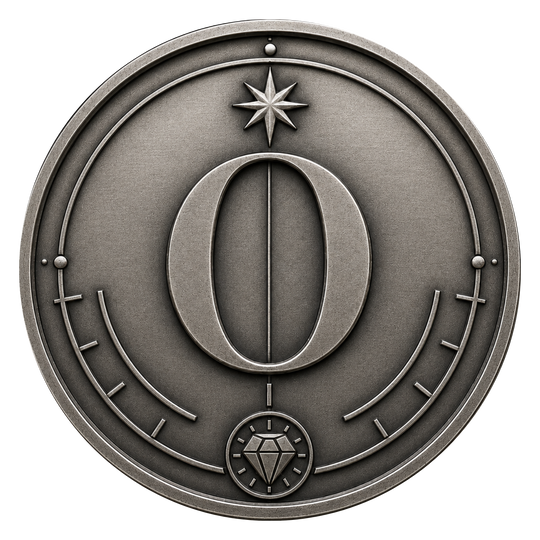 A circular metallic emblem or coin featuring a large central numeral zero, a star above it, curved line details, and a diamond symbol below, rendered in a brushed silver-gray finish on a plain white background.