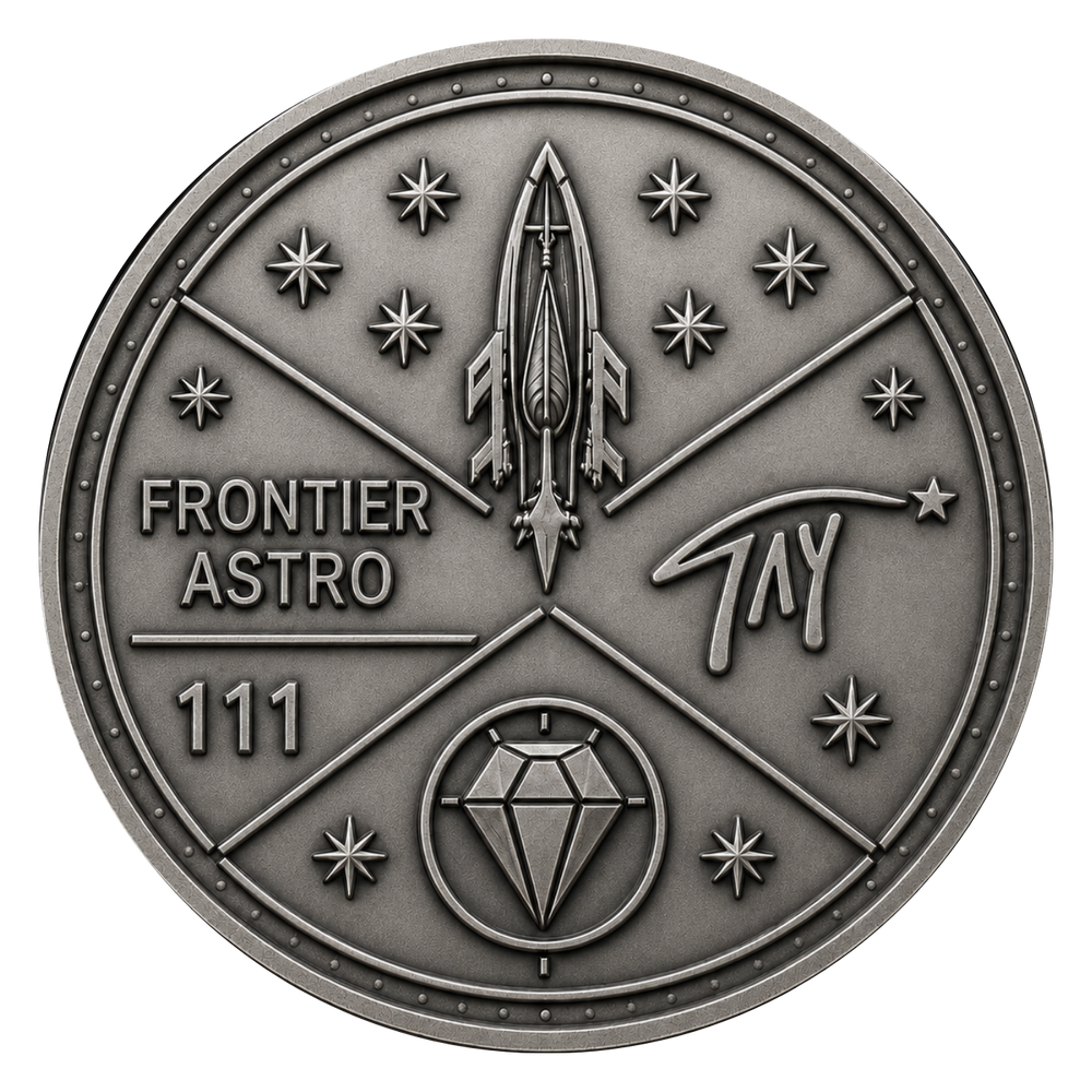 A circular silver-toned commemorative coin or medallion featuring a rocket, stars, the text 'FRONTIER ASTRO 111', a diamond emblem, and a stylized signature on a plain white background.