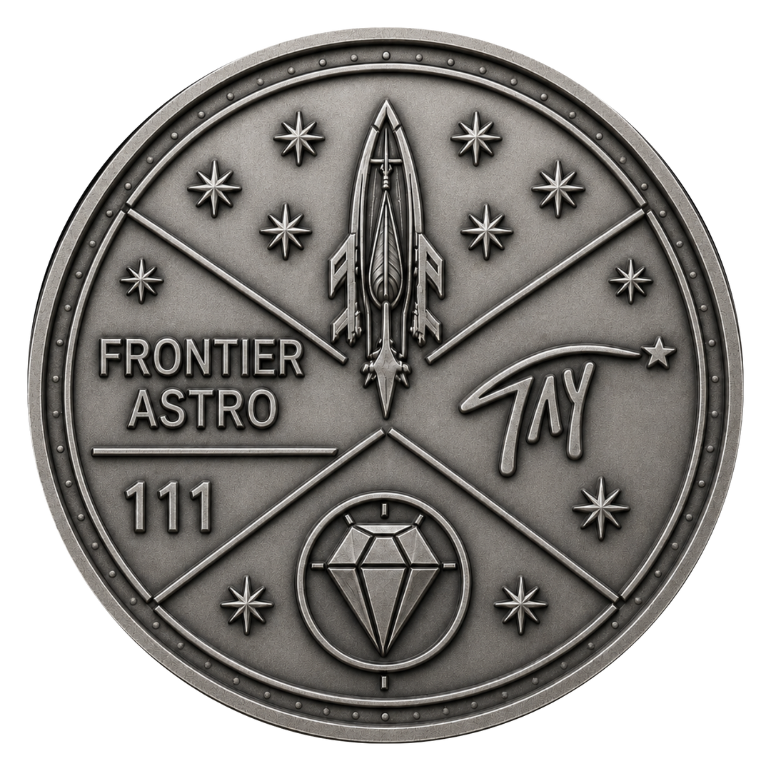 A circular silver-toned commemorative coin or medallion featuring a rocket, stars, the text 'FRONTIER ASTRO 111', a diamond emblem, and a stylized signature on a plain white background.