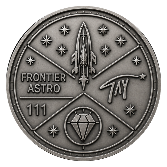 A circular silver-toned commemorative coin or medallion featuring a rocket, stars, the text 'FRONTIER ASTRO 111', a diamond emblem, and a stylized signature on a plain white background.