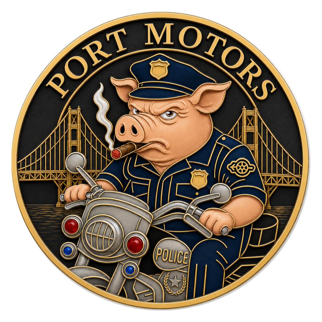 A circular novelty medallion or coin featuring a cartoon pig in a police uniform riding a motorcycle, with the words "PORT MOTORS" around the top edge and a bridge background.