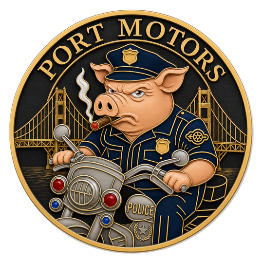 A circular novelty medallion or coin featuring a cartoon pig in a police uniform riding a motorcycle, with the words "PORT MOTORS" around the top edge and a bridge background.