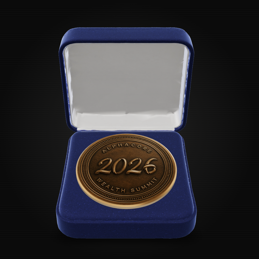 A round bronze-colored commemorative coin reading 'ALPHACORE 2026 WEALTH SUMMIT' is displayed inside an open royal blue velvet presentation box with a white interior, set against a solid black background.