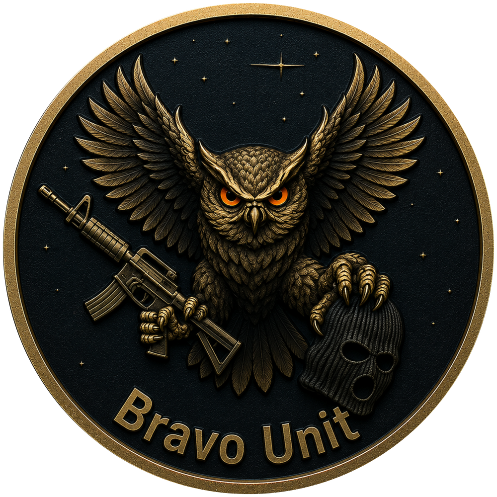 A circular gold-toned emblem or medallion featuring a detailed owl with outstretched wings, glowing orange eyes, holding a rifle and a skull, set against a dark starry background with the text 'Bravo Unit' at the bottom.