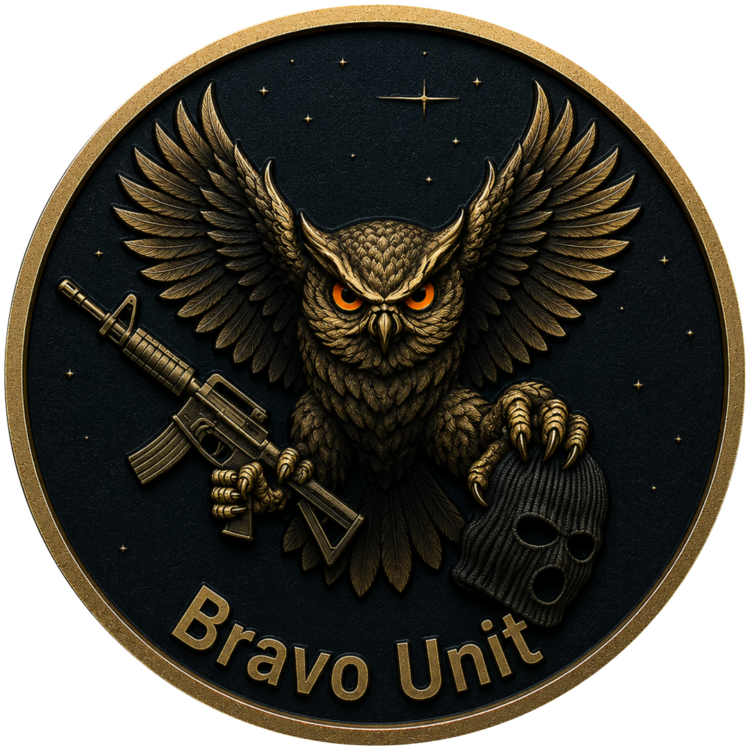 A circular gold-toned emblem or medallion featuring a detailed owl with outstretched wings, glowing orange eyes, holding a rifle and a skull, set against a dark starry background with the text 'Bravo Unit' at the bottom.