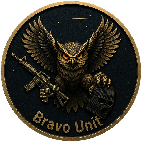 A circular gold-toned emblem or medallion featuring a detailed owl with outstretched wings, glowing orange eyes, holding a rifle and a skull, set against a dark starry background with the text 'Bravo Unit' at the bottom.