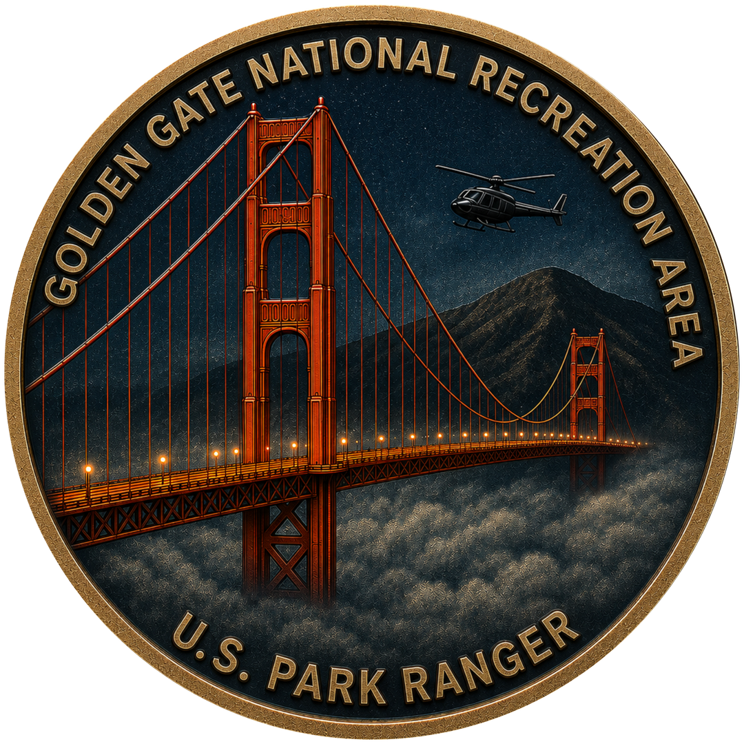 A circular commemorative coin or medallion featuring the Golden Gate National Recreation Area, with an orange suspension bridge, clouds, a mountain, and a helicopter under a dark night sky. Gold text around the edge reads “GOLDEN GATE NATIONAL RECREATION AREA” and “U.