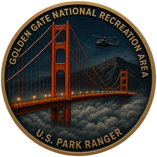 A circular commemorative coin or medallion featuring the Golden Gate National Recreation Area, with an orange suspension bridge, clouds, a mountain, and a helicopter under a dark night sky. Gold text around the edge reads “GOLDEN GATE NATIONAL RECREATION AREA” and “U.