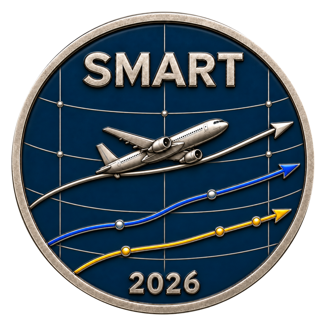 A circular emblem or badge with a metallic silver border and the word 'SMART' at the top, featuring a silver airplane over a dark blue grid background with blue and yellow upward-trending lines and the year '2026' at the bottom.