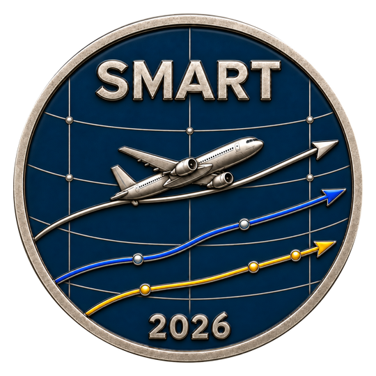 A circular emblem or badge with a metallic silver border and the word 'SMART' at the top, featuring a silver airplane over a dark blue grid background with blue and yellow upward-trending lines and the year '2026' at the bottom.