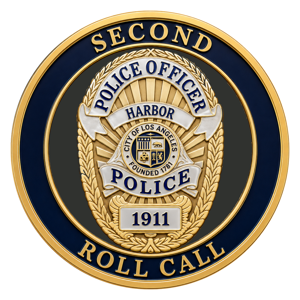 A circular gold and navy blue police badge emblem with the words 'SECOND POLICE OFFICER HARBOR POLICE' and 'ROLL CALL 1911' on a plain white background.