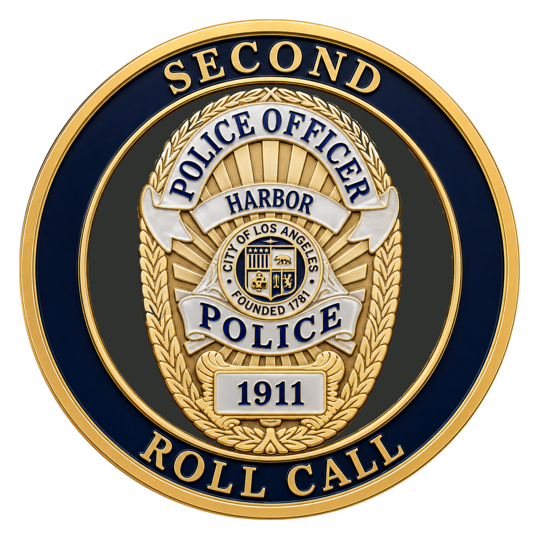 A circular gold and navy blue police badge emblem with the words 'SECOND POLICE OFFICER HARBOR POLICE' and 'ROLL CALL 1911' on a plain white background.