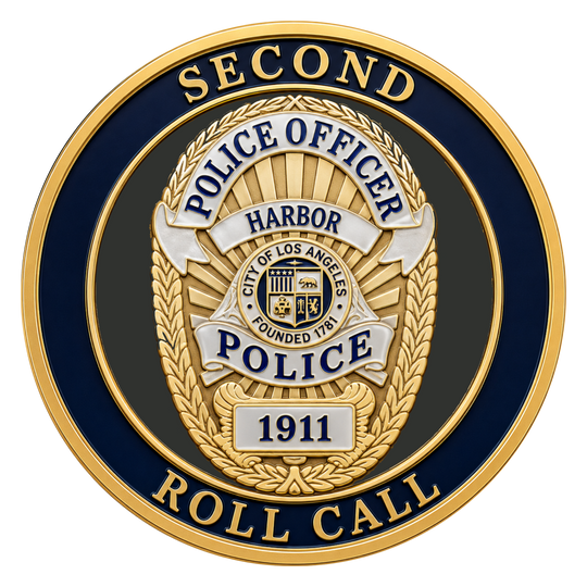 A circular gold and navy blue police badge emblem with the words 'SECOND POLICE OFFICER HARBOR POLICE' and 'ROLL CALL 1911' on a plain white background.
