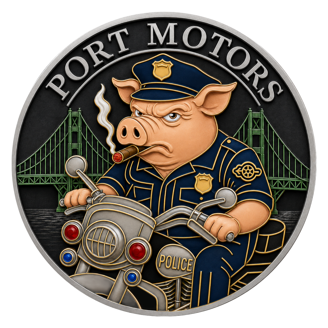 A circular metal coin or medallion featuring a cartoon pig dressed as a police officer riding a motorcycle, with the words "PORT MOTORS" around the top edge and a bridge in the background.